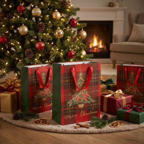 Artikel Weihnachtliche Geschenktüten Rot-Grün mit Baum-Motiv und Merry Christmas 18x24cm 4er-Set