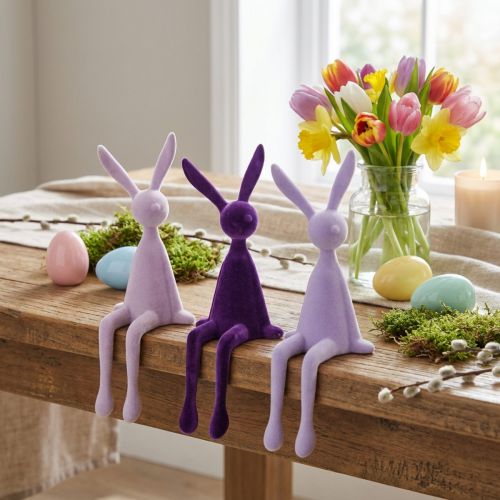 Kunststoff Kantenhocker Hasen beflockt 36cm Innenbereich Osterdekoration | Floristik21.de