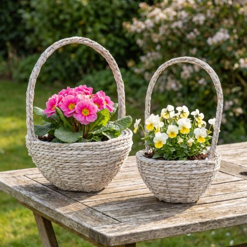 Pflanzkorb 2er-Set Stroh Natur Weiß Ø23/28 Shabby Chic | Floristik21.de