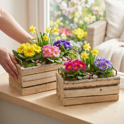 Artikel Pflanzkasten Holz Rinde Natur Griff Vintage Look L29cm/23cm 2er-Set