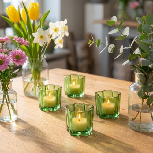 Artikel Deko Glas Teelichthalter Blütenform Grün Ø7,5cm H6cm 6St