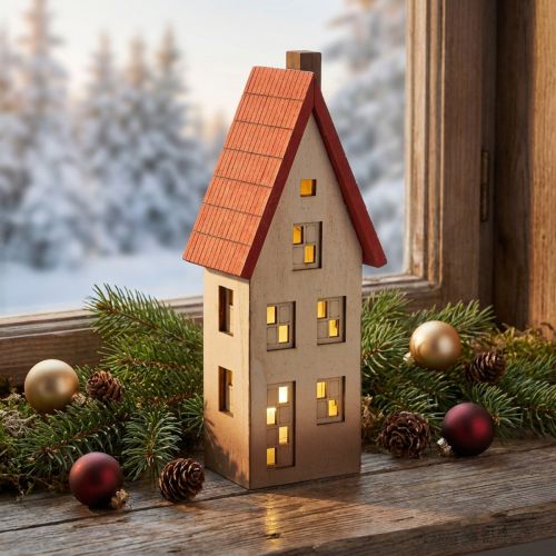 Lichthaus Holz Natur Rot für Weihnachtsdeko mit Batterie 8,5×6,5×22cm | Floristik21.de