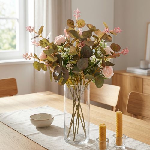 Artikel Eukalyptuszweige Kunstpflanze Rosa Blüten Deko 45cm 3er Set