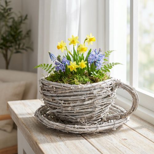 Artikel Rustikale Teetasse aus geflochtener Weide in Weiß-Grau, 13 cm, dekorativ und vielseitig