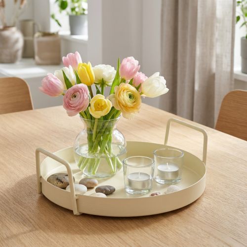 Rundes Tablett Metall 22 cm Hellgelb mit Griffen für Dekoration und Servieren | Floristik21.de