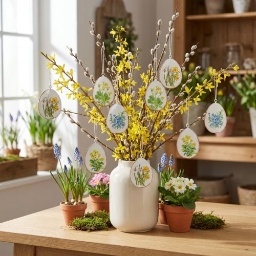 Artikel Ostereier aus Metall mit Frühlingsblumenmotiv zum Hängen 8cm Set 8 Stück