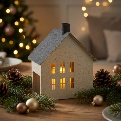Lichthaus aus Metall 16cm Grau Beige Windlicht Hausform | Floristik21.de