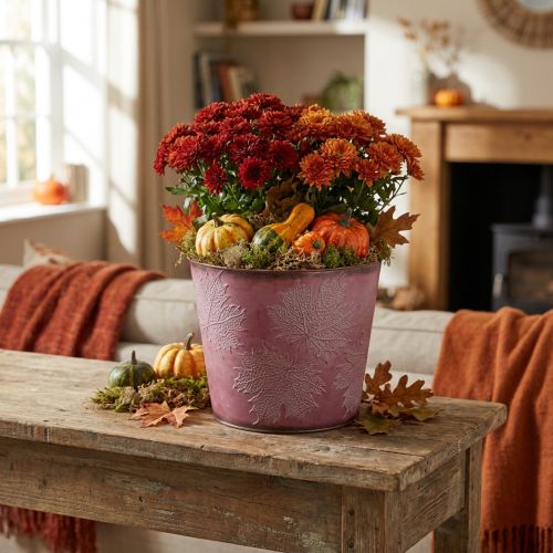 Herbsttopf, Pflanzeimer, Metalldeko mit Blättern Weinrot Ø25,5cm H22cm | Floristik21.de