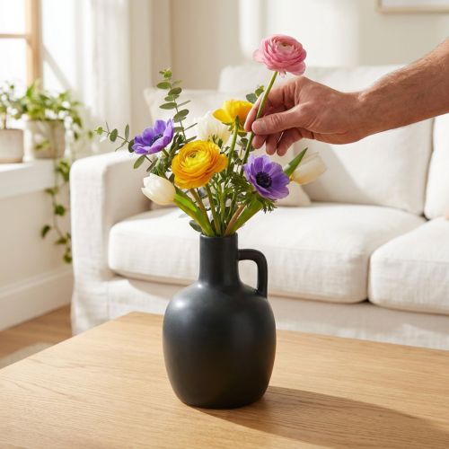 Mini Keramikvase Matt Schwarz mit Henkel Ø9cm H14,5cm | Floristik21.de