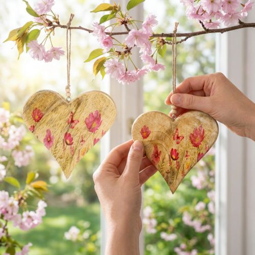 Artikel Holzherzen Hängen Blumen Pink Dekoration Frühling 18cm 2er Set