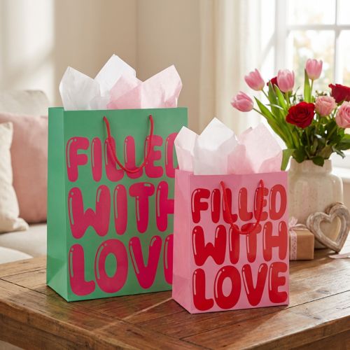 Artikel Geschenktüte mit Henkeln „Filled with Love“ für Dekorateure, 2er-Set, ideal als Geschenkverpackung, im Boho-Stil, in Türkis und Rosa