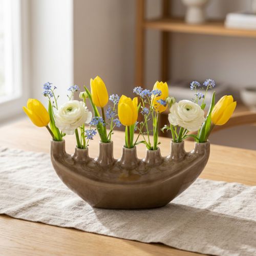 Artikel Deko Vase Schiffchen Braun Keramik, 7 Öffnungen, Modern