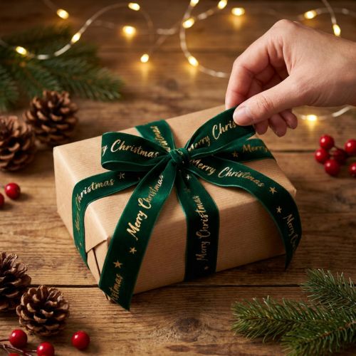 Geschenkband, Weihnachtsband, Samtband Grün Merry Christmas 25mm 20m | Floristik21.de