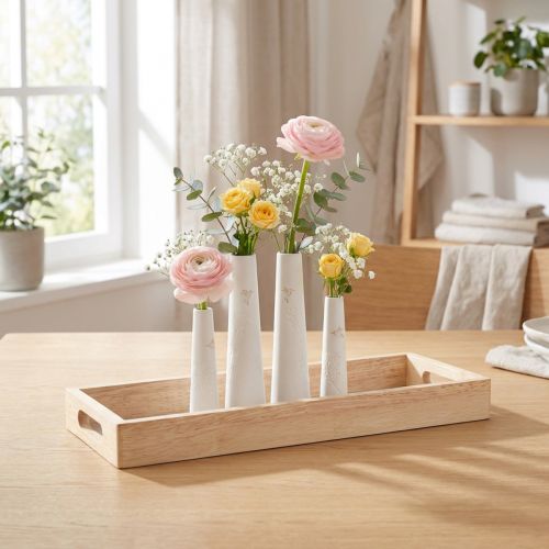 Artikel Deko Holztablett Minivasen Keramik Weiß Gold Stilvoll 35x14cm