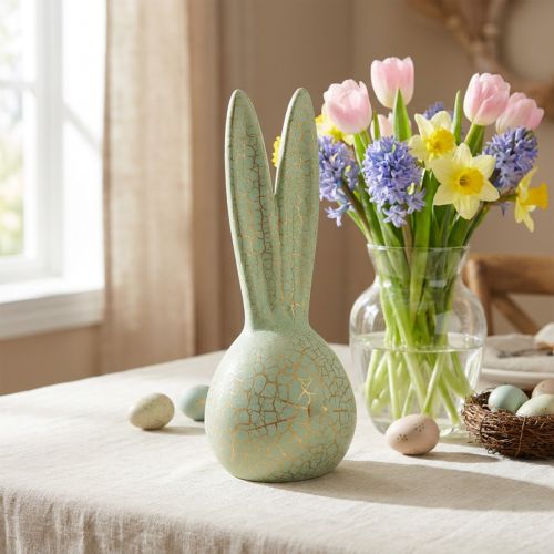 Hasenkopf Osterdekoration Mintgrün Gold Keramik Krakelee 28cm | Floristik21.de