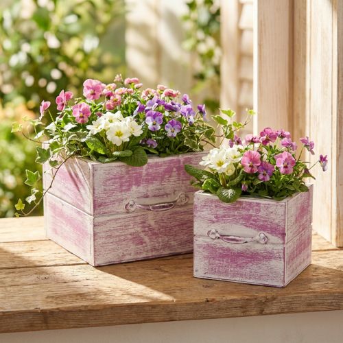 Pflanzschublade mit Griff Rosa Weiß Holz 12/15cm 2er-Set | Floristik21.de