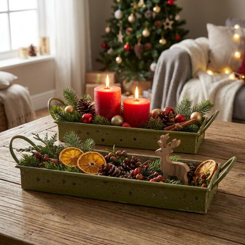 Deko Tablett Weihnachten Grün Sterne 49cm/43cm 2er-Set | Floristik21.de