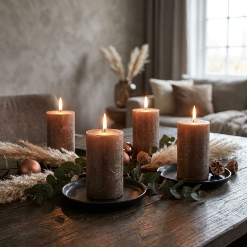 Moderne Stumpenkerzen 4er Set in Kupferbraun Metallic, Ø70x100mm - Elegante Durchgefärbte Kerzen für stilvolle Dekoration | Floristik21.de