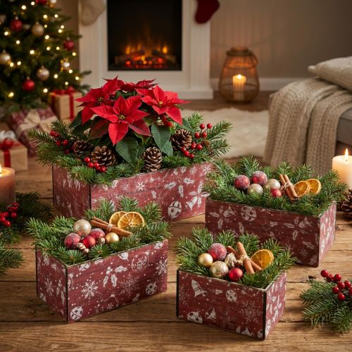 Blumenkasten Weihnachten Vintage Pflanzkasten Holz Rot 24-40cm 4er-Set | Floristik21.de