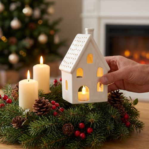 Windlicht Haus Keramik Tischdeko Advent Weiß H18cm | Floristik21.de