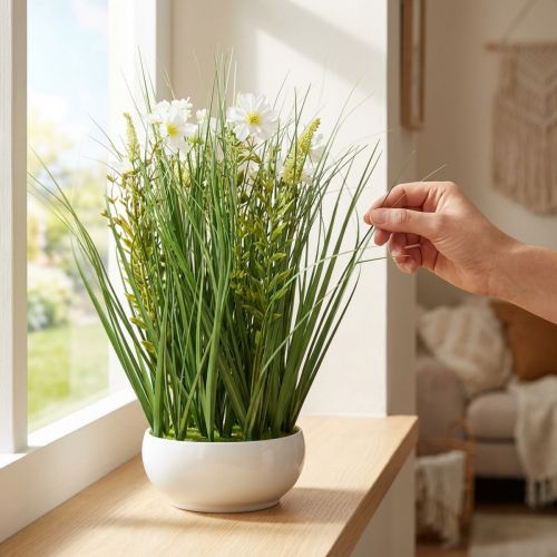 Deko Gras mit Cosmea-Blüten in Schale H45cm | Floristik21.de