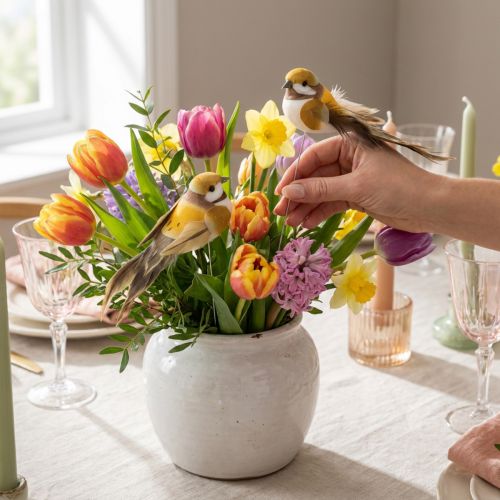 Artikel Vogeldekoration Gelb mit Drahtstecker 10 cm - 12er Set zur Tisch- und Blumendekoration