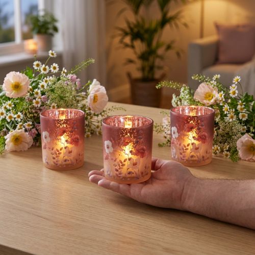 Artikel Windlicht Set aus Glas 4-teilig mit Blumenmotiv in Rot für stimmungsvolle Dekoration 8 cm