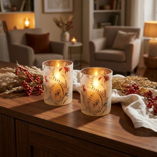Artikel Glas-Windlicht im floralen Design 12,5 cm, 2er Set, beige