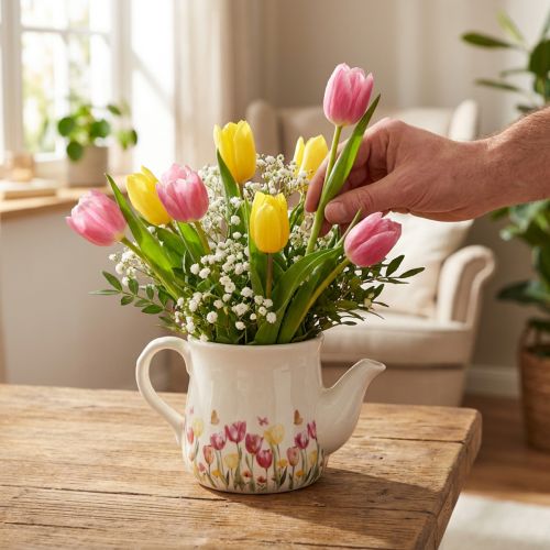 Artikel Keramikkanne mit Blumendekor, 20 cm – Frühlingshafte Deko für Zuhause und Gewerbe