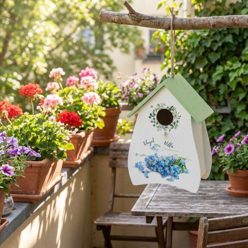 Artikel Vogelhaus aus Holz mit floralem Vintage-Design, 21cm hoch, mintgrünes Dach