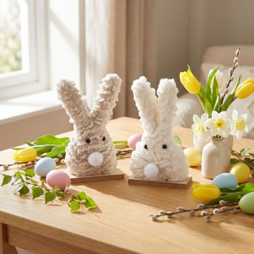 Deko-Osterhase Plüsch Beige & Weiß Holzsockel Osterdekoration 18cm 2er Set | Floristik21.de