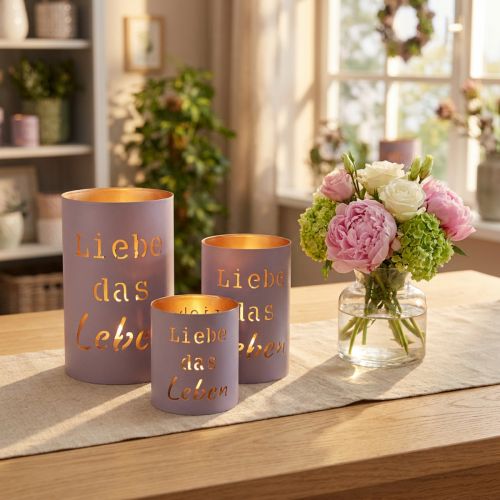 Artikel Elegante Windlichter Grau Gold „Liebe das Leben“ 3er-Set - Floristik21