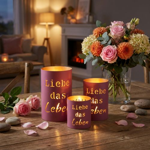 Artikel Verkaufsstarkes Windlicht-Set "Liebe das Leben" Fuchsia Gold 3er-Set Ø13/10,5/9cm