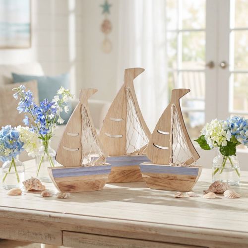 Segelboot Holzdeko maritim 3er Set Natur Hellblau 25,5×16,5cm | Floristik21.de