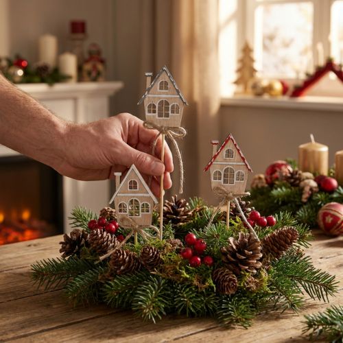 Dekostecker Weihnachten Holzhäuser Rustikal Gemütlich 4,5x5cm 12er-Set | Floristik21.de