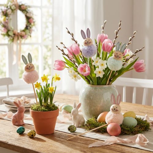 Artikel Flauschige Osterhasen Figuren aus Holz in Pastellfarben 34cm 12er-Set
