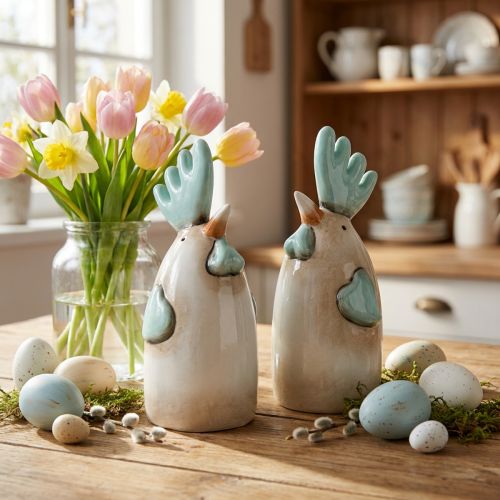 Keramik Hahn Küche Deko Huhn Weiß Blau Braun H14,5cm 2 St | Floristik21.de