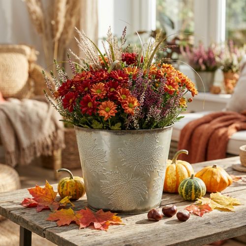 Pflanztopf, Herbstdeko, Metallgefäß mit Blättern Golden Ø25,5cm H22cm | Floristik21.de