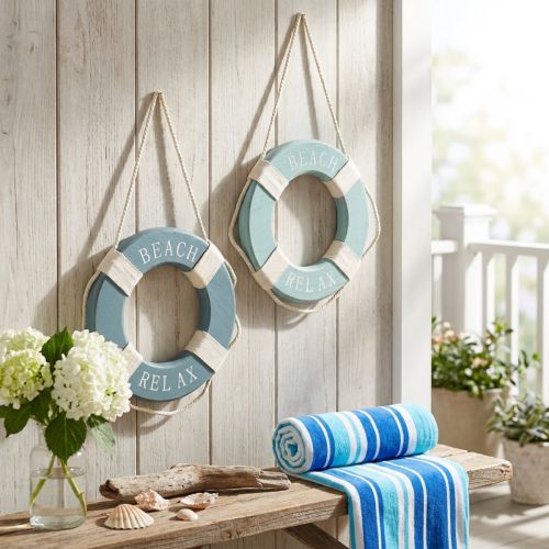 Artikel Deko Rettungsring Holz Maritim Schwimmring Blau 17cm mit Anker, 2 Stück