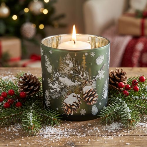 Artikel Windlicht Glas Grün mit Tannenzapfen und Schneeflockenmotiv 15cm