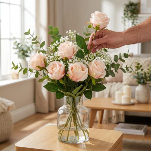 Artikel Künstlicher Rosenstrauß 44 cm zartrosa mit 6 Stielen – Täuschend echt und langlebig
