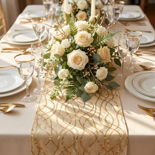 Tischläufer Beige Gold Ketten Tischband Samt 28×270cm | Floristik21.de