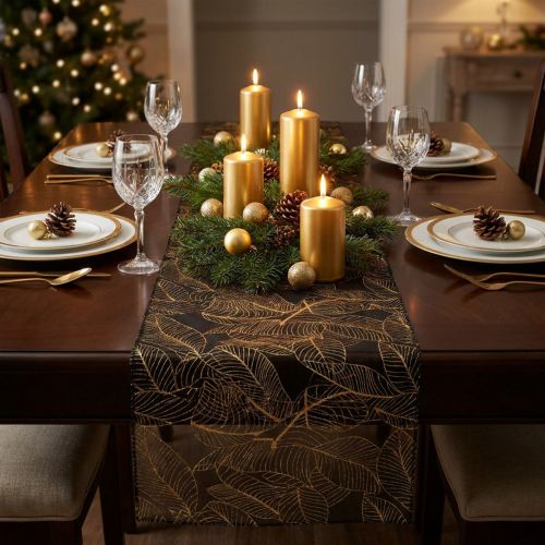 Organza Tischläufer Schwarz-Gold Dekostoff Eleganz Blättermuster 48x450cm | Floristik21.de
