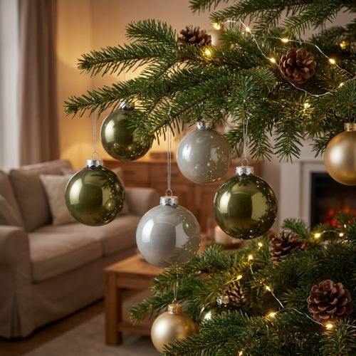 Glaskugeln Weihnachtsdeko Olivgrün Silbergrau Ø7,5cm 12er Set | Floristik21.de