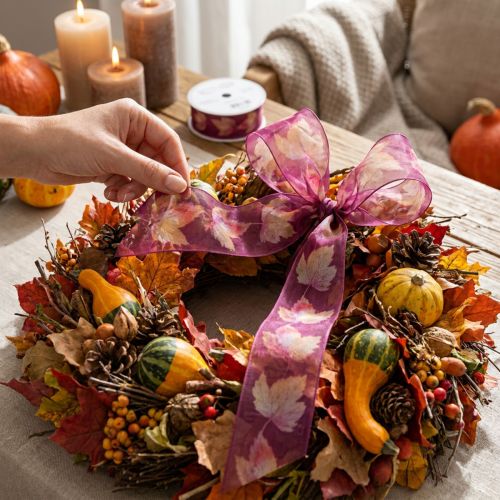 Geschenkband Ahornblätter Lila Band Herbst 40mm 15m | Floristik21.de