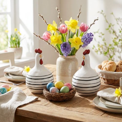Deko Huhn Schwarz Weiß gestreift Keramik Figur Ostern H17cm 2St | Floristik21.de