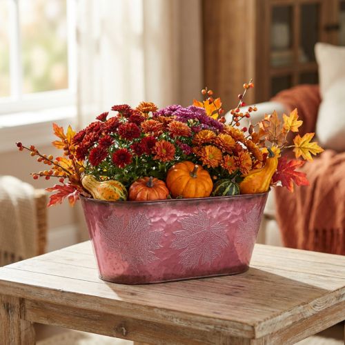 Schale mit Blattdekor, Pflanzgefäß, Herbstdeko, Metalltopf Weinrot L38cm H15cm | Floristik21.de
