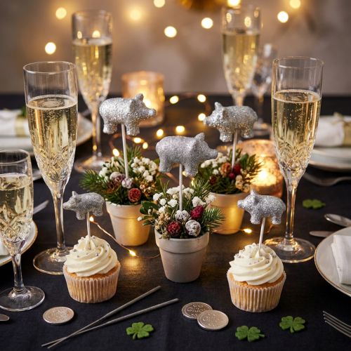 Artikel Glücksschwein Silvester Glücksbringer am Stab Silbern 3cm 6St