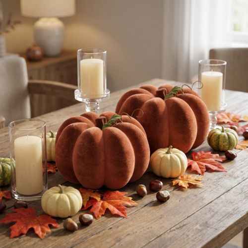 Artikel Deko Kürbis beflockt – Herbstliche Tischdeko in kräftigem Rotbraun 20cm 2St