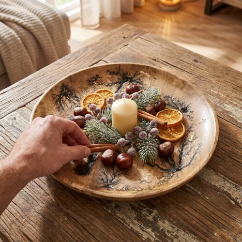 Deko Teller Holz Natur Ø30 mit Gold Crackle Effekt